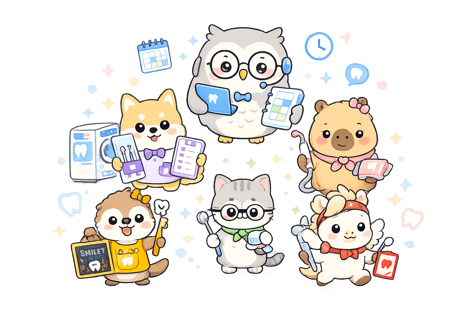 6つの歯科どうぶつタイプキャラクター